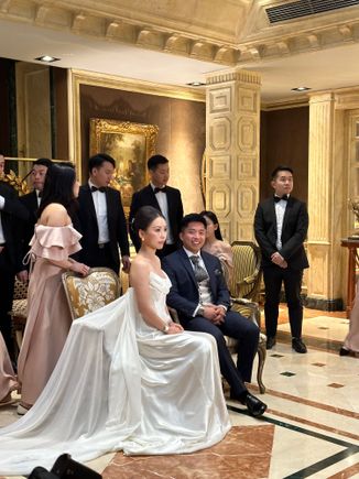 Wedding party in the lobby of Hotel Orfila, on a Tuesday morning