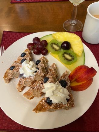 Waffles and fruit at the Homeport Historic B&B in St. John