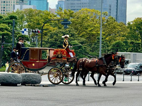 Now we’re in Tokyo, and we were able to witness 2 two horse drawn carriages, both empty, heading to the imperial palace. Not sure what this was all about.
