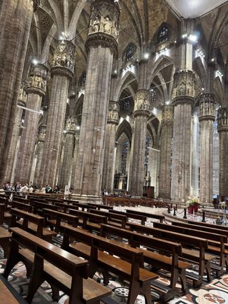 The stunning interior of the Duomo with its 52 marble piers.