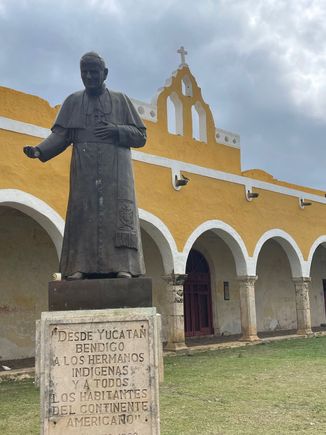 Statue of Pope John Paul Ringo who visited in 1993. Many say that his visit is why the city is all yellow.  The convent is still in pretty good condition but the yellow of the rest of Izamal has lost a bit of it's luster!