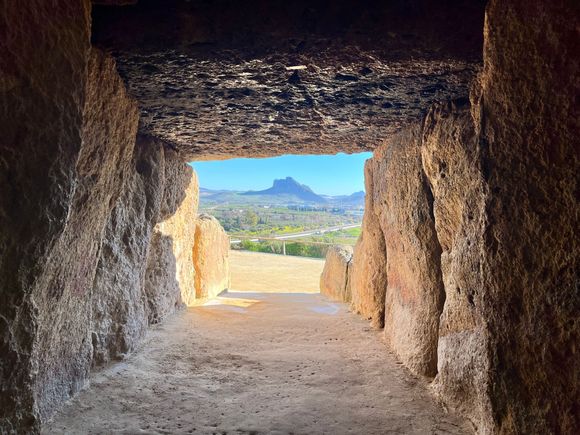 Looking out from the interior of Menga dolmen, La Peña is in perfect alignment