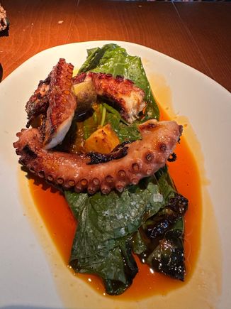 Octopus, served over a dark green