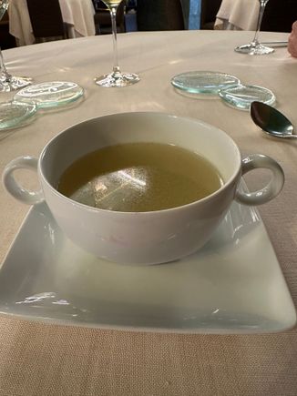 Complimentary entrante--delicious Caldo Gallego in consome form.  Lovely!