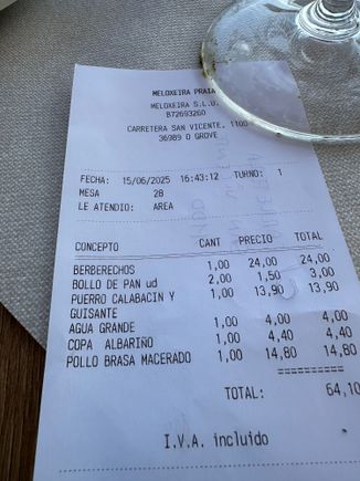The bill, with one glass of Albarino, a bottle of water:

54.10euro.  Recommended.