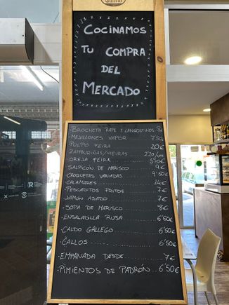 Menu of one of the market bars.....welcoming and well-priced options for eating in O"Grove; market remains open until about 13:00.