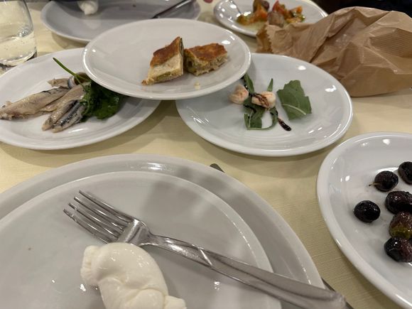 Mixed antipasti including marvelous onion calzone; mozzarella; anchovies; olives; meatballs....