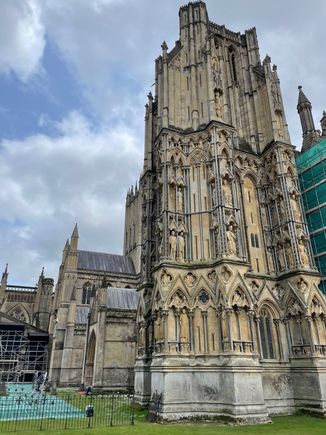 Wells Cathedral with scaffolding on the right.