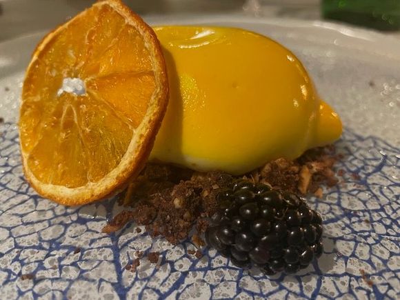 One of the few desserts we had on this trip: Siracusa feminello lemon cheesecake, with hazelnut biscuit and fruit jam (called "I am not a cheesecake")