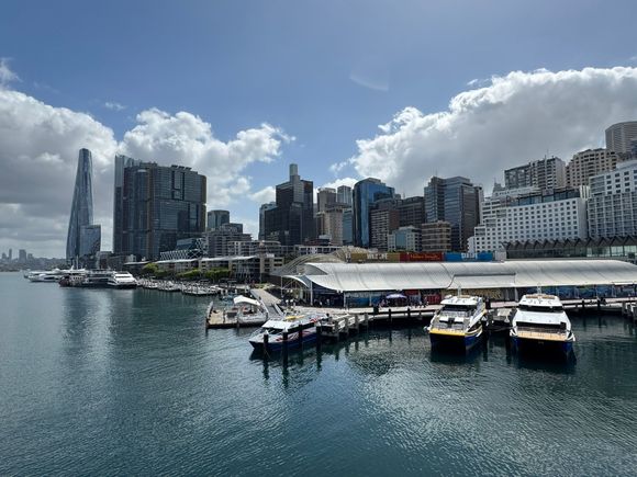 View of Darling Harbour from the bridge across the harbour. 