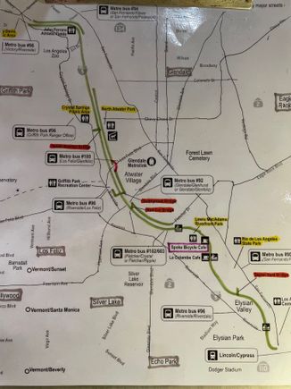 Bike path along the LA River marked by the green lines.