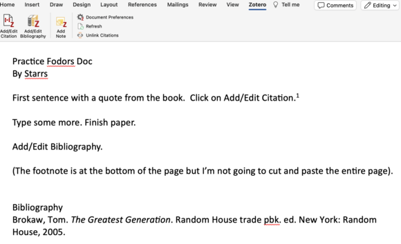 Zotero is added to Word.  Look at the top of the page.
To add citations, choose the two options on the top left.
