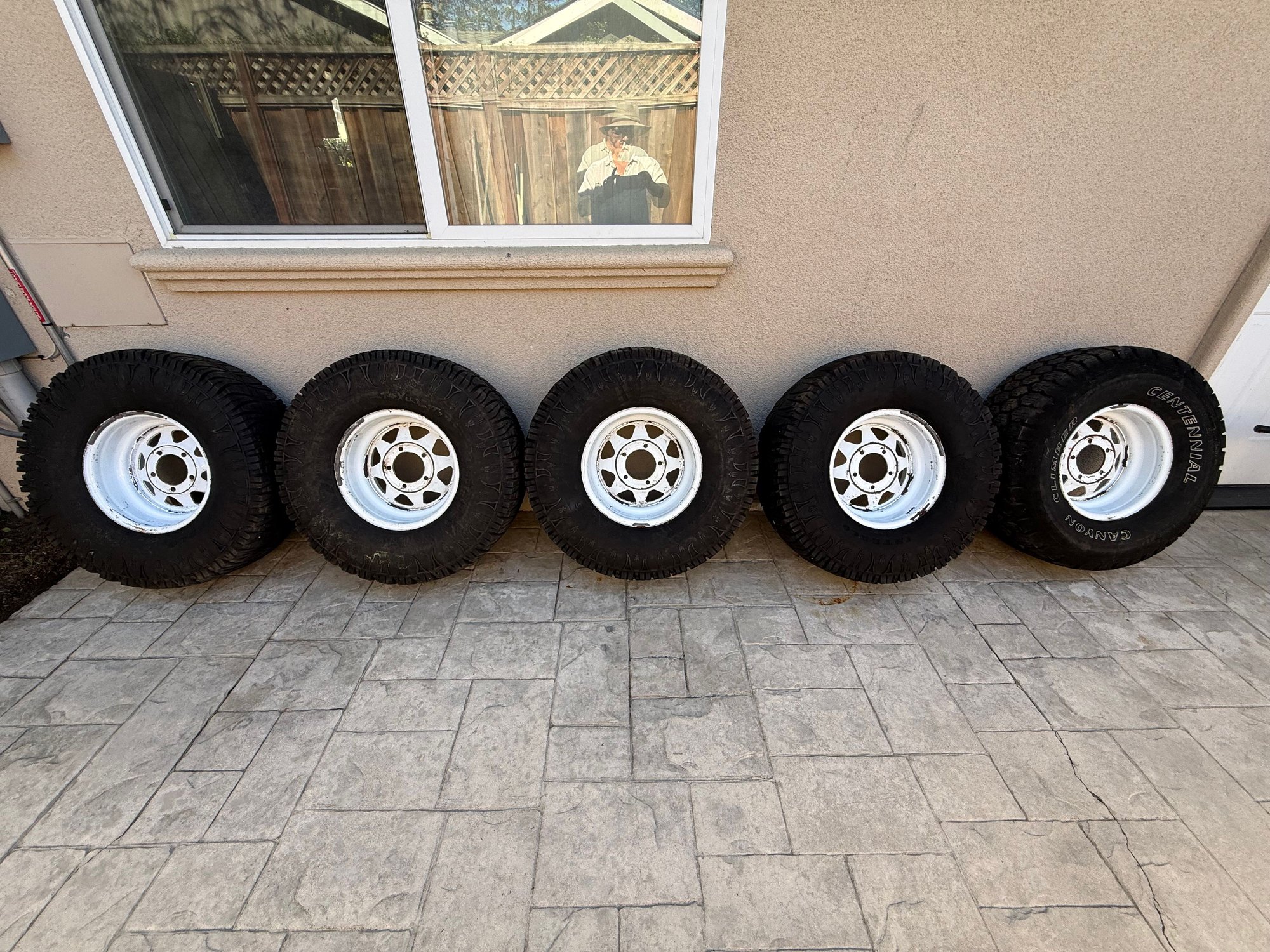 Wheels and Tires/Axles - Set of 5 Vintage wagon wheels 15x8.5, 5x5.5, F100, F250, Bronco, Jeep, with worn tires - Used - -1 to 2026  All Models - Los Altos, CA 94024, United States