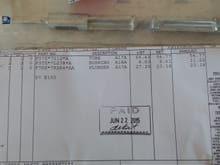 Close up of invoice and part #'s