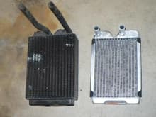 original heater core on left, new aluminum heater core for 65 Mustang on right is a little smaller and thinner but only cost me $25 but outlet pipes will need to be rerouted a little