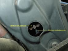 From elsewhere on net. Run a straightedge through the center of the cam pulley bolt to the center of the aux shaft bolt. Line up the timing marks on pulleys to that straightedge.