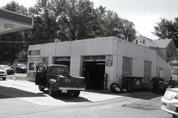 An old style gas station in Lock Haven. I removed the color to see what it would be like. 