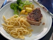 Blackened Yellow Fin Tuna Plated for son as he does not like shrimp.