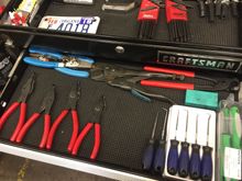 This drawer I have my snap on snap ring pliers there is one pair missing from the picture and I have ear clamp pliers and some kobalt and matco picks. I also have some Channellock snap ring pliers in there for getting the beefier clips out.