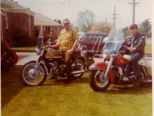 My dad on the left sitting on the Suzuki T 500 I sold him. I used the money from the sale to buy my first Harley. It was a 64 Pan Duo-Glide which I am Sitting in in the pic. This was taken in about 1970 I believe. 