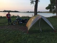 This was our camping spot in Kansas and when I reflected back on the beginning of the trip. It rained pretty good that night but as you see in this picture, our tent and Harley survived.