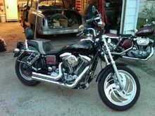Our bikes, with my first love in the background- my '54 Chevrolet Club Coupe.
