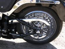 chrome rear Fatboy wheel with chromed pulley and chrome lower belt guard