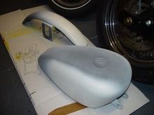 Grey primer and Flat White paint (for 13 Ace of Spades) on tank and front fender