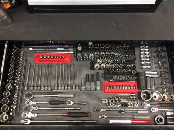 This is my top drawer. Sockets, allen’s, torx bit sockets, long and long ball allens. The two red trays are snap on. Stubby allen set and a low profile 1/4 drive socket set great for rocker boxes. I have a matco intake manifold wrench which really comes in handy!