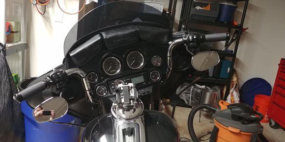 Krome Werks 10" bars.  Changed the clutch cable for a +4.  TBW is the same and brake lines are the same.  If you go with anything taller, will need new brake lines, the TBW extension and of course the clutch line.  Reversed the mirrors and hung underneath.  No issues even riding two up.  