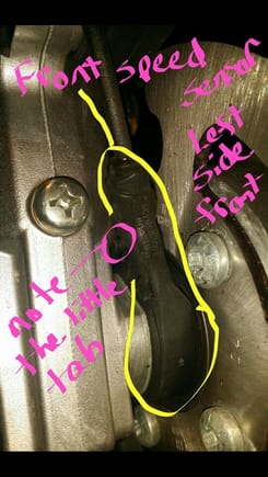 Front speed sensor. need to snip 2 zip ties holding it to the brake line. Tab needs the same orientation when reinstalling so note how its oriented when you are removing it (take pics)
