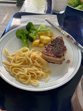 Blackened Yellow Fin Tuna Plated for son as he does not like shrimp.