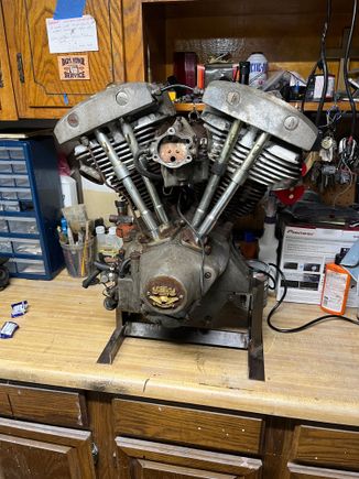 Here is the jewel in the crown , complete with an engine stand we threw together from an old bed frame. Very ghetto but works just the same.