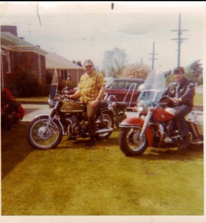 My dad on the left sitting on the Suzuki T 500 I sold him. I used the money from the sale to buy my first Harley. It was a 64 Pan Duo-Glide which I am Sitting in in the pic. This was taken in about 1970 I believe. 