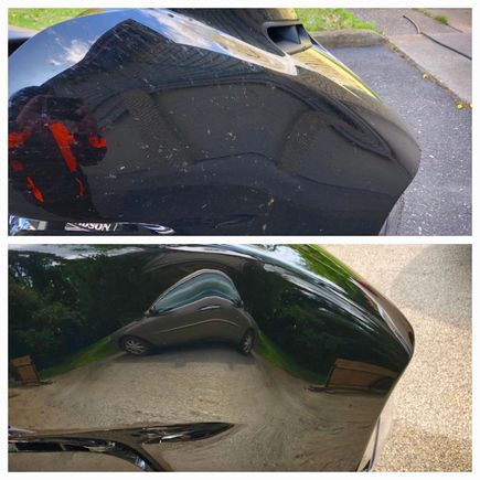 Top: Bug splatter halfway through my trip
Bottom: Cleaned with dryer sheets