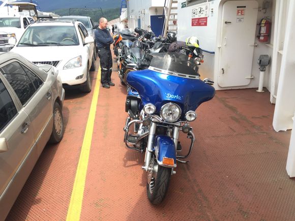 Darla was the first bike on, which means it is the first off. Even though she is on the far left side of the boat, they usually let a few cars off, then the bikes. So be ready to go once she starts to get close to the dock. I never get on her until the ramp comes down, as it can get bumpy and you don't want to get tossed around.