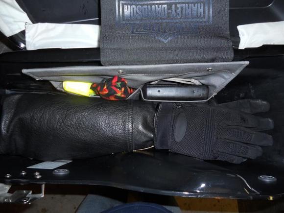 Left side internal bag contains CD's, Reflector for post, registration. No more digging. And even with the vest and gloves I still have room for the coat.