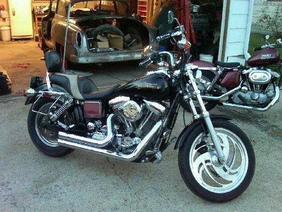 Our bikes, with my first love in the background- my '54 Chevrolet Club Coupe.