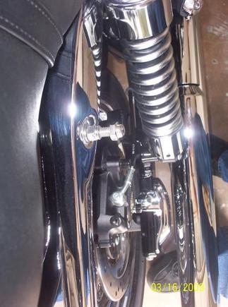 3/8 x about 3" rod at front fender / bag attach point. Fender has a threaded insert so no hardware needed inside,