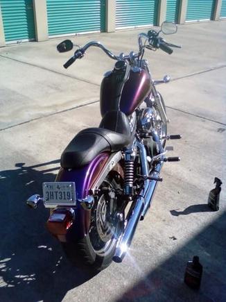 Picture from the rear showing the blue and red combining to form an electric purple.