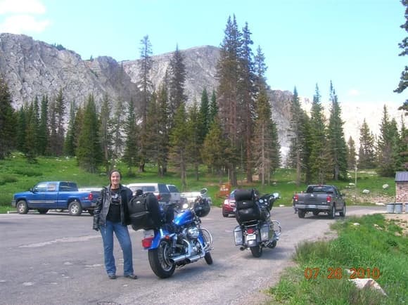 Wife and Bikes, Mirror Lake parking lot, Snowy Range, WY