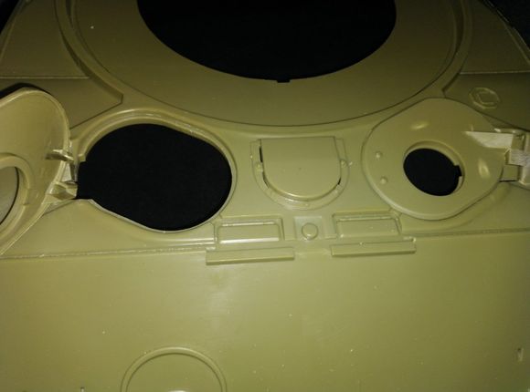 Machine gunner/radio operator hatch open, driver hatch shut , messing with fit for placement of a radius dowel to open close through RC .