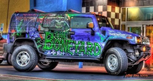 Boneyard H2: Promoting the Boneyard is a year-round event - Here one of the Bone-Mobiles is pictured at a local fundraising event. Always loaded with T-Shirts, Discount Passes and even free tickets. Look for the Boneyard street teams in your area. http://www.theboneyard.org/images/hummer_2.jpg