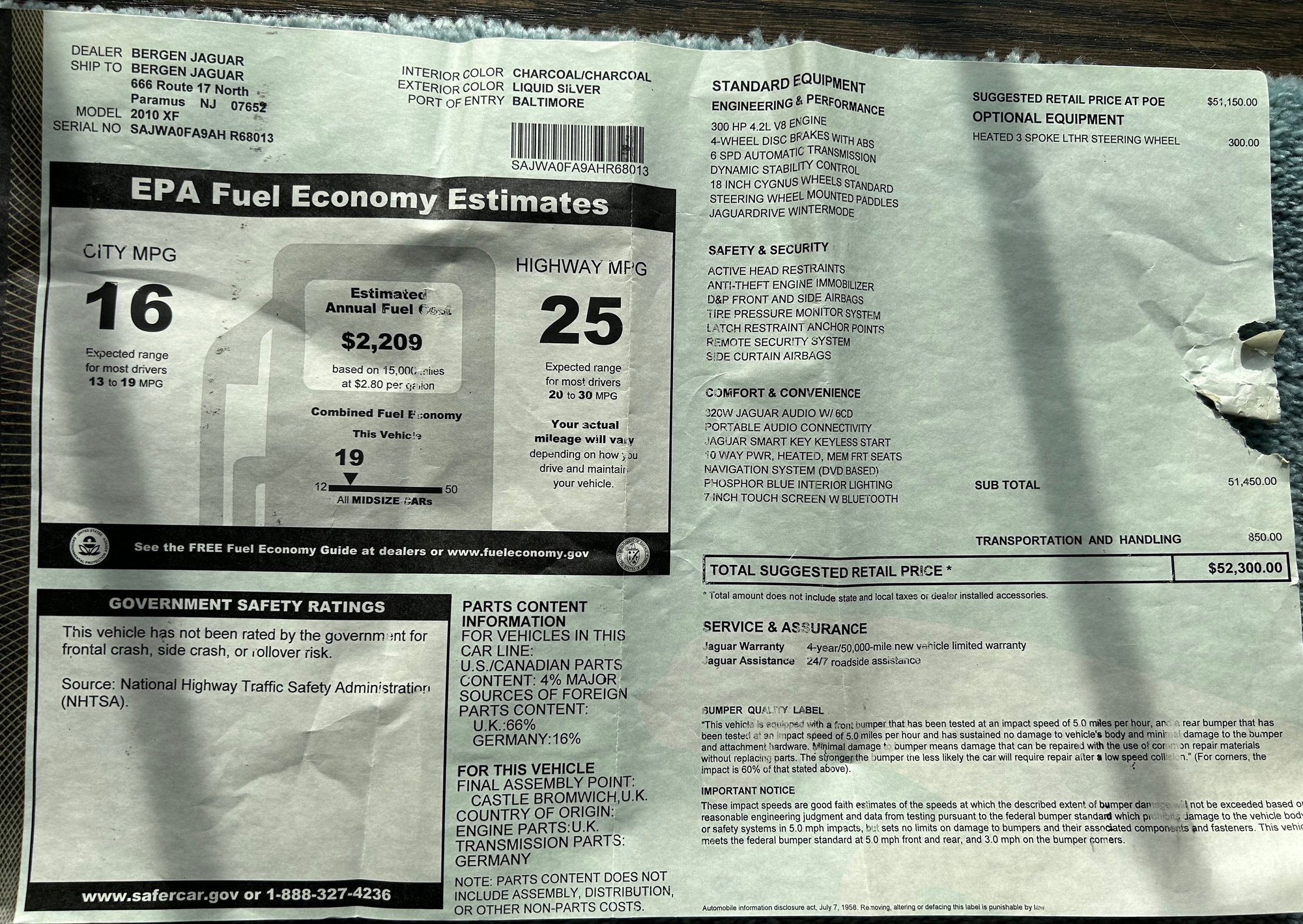 2010 Jaguar XF - Driven 5700 miles per year, Original Owner - Used - VIN SAJWAOFA9AHR68013 - 80,600 Miles - 8 cyl - 2WD - Automatic - Sedan - Silver - Secaucus-Hudson County, NJ 07094, United States