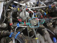 The blue box shows the OEM kickdown mechanism with the OEM microswitch bolted underneath it