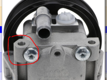 Jaguar x350 Power Steering pump photo - notice the length of the bolt channel for the rear mounting bolts (longer bolt; flush with surface)