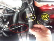 First, the hose connections are located in different positions (red oval) and the bleeder hose is no longer there (yellow oval)