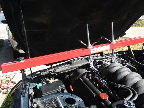 HF engine mount worked like a charm. See support bracket closest to head light. Looking at install of support lift the fender lip has some space between it and inner fender, so I used a piece of metal bracket I had leftover to fill the gap, don't know if it is really needed but made sense.