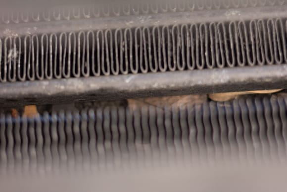 Not terribly clear, but this is a shot of the leaves on the radiator seen through the narrow slot between the condenser and the oil cooler (I think those are what they are).