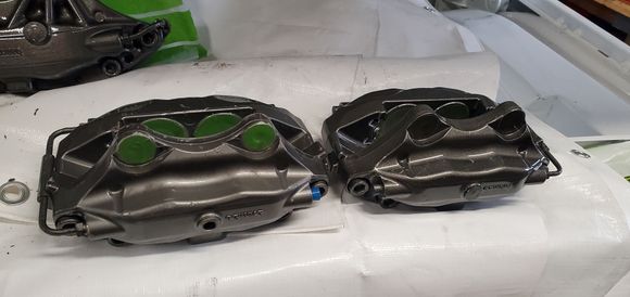 The first thing I did was strip and paint them, hardware went into the ultrasonic cleaner and the calipers got scuffed and sprayed 